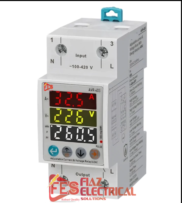 FES Protector 63A OVER AND UNDER VOLTAGE AND CURRENT PROTECTION RELAY with KWH 3 in 1 PAKISTAN